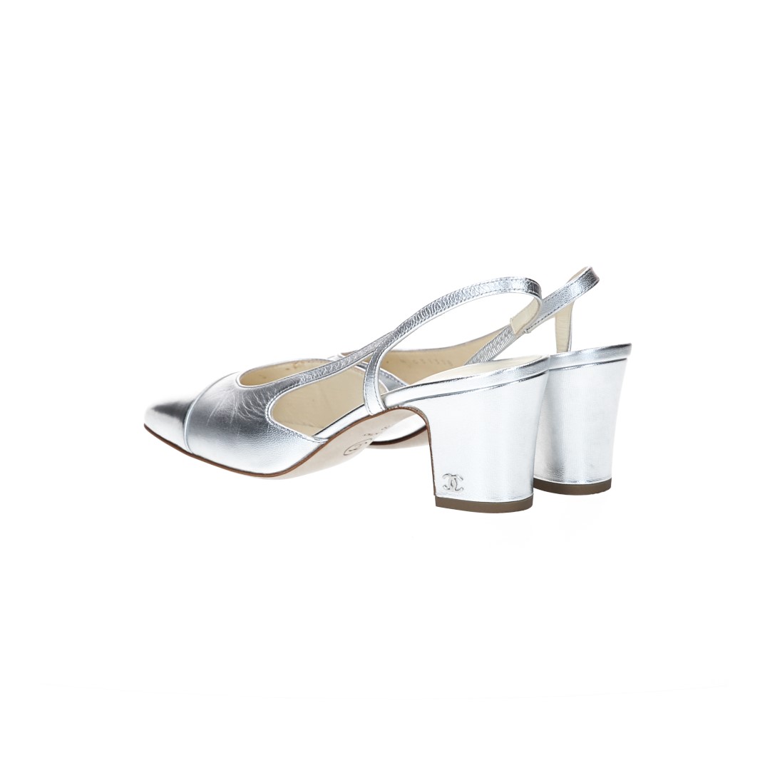 CHANEL SLINGPUMPS SCHUHE AUS LEDER IN SILBERN GR. 36 (A G311318)