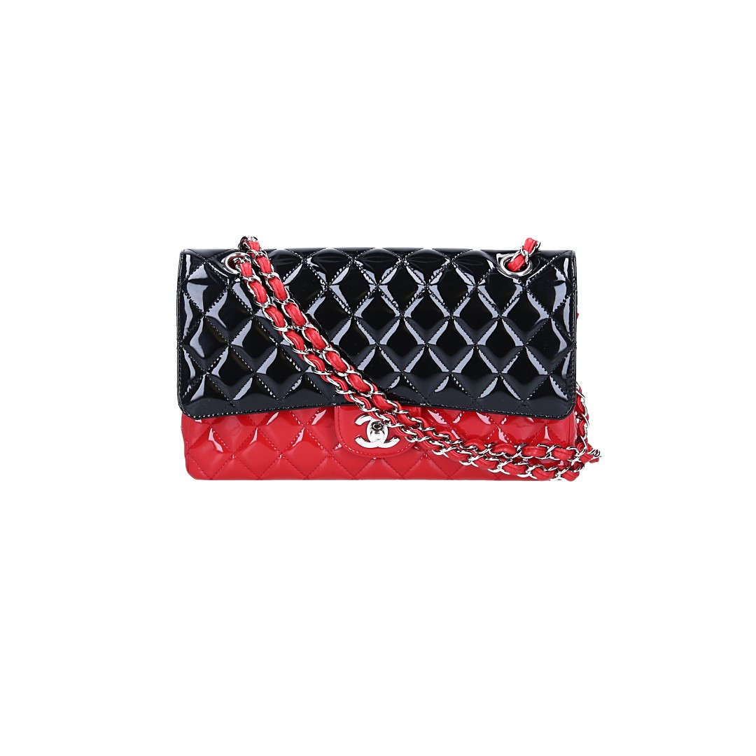 CHANEL TIMELESS DOUBLE FLAP HANDTASCHE (MEDIUM) AUS LACKLEDER IN SCHWARZ/ROT MIT SHW (A01112)