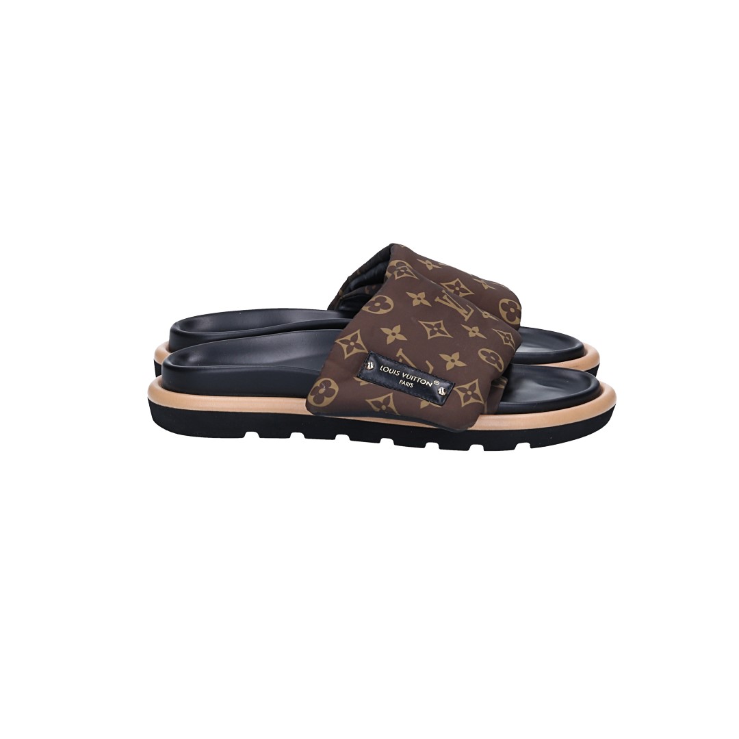 LOUIS VUITTON PANTOLETTEN SCHUHE 'POOL PILLOW COMFORT' AUS MONOGRAM NYLON IN CACAO GR. 41 (1AAEC0)