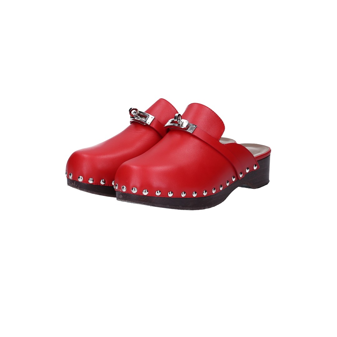 HERMÈS CLOGS SCHUHE 'CARLOTTA' AUS KALBSLEDER IN ROT IN GR. 38