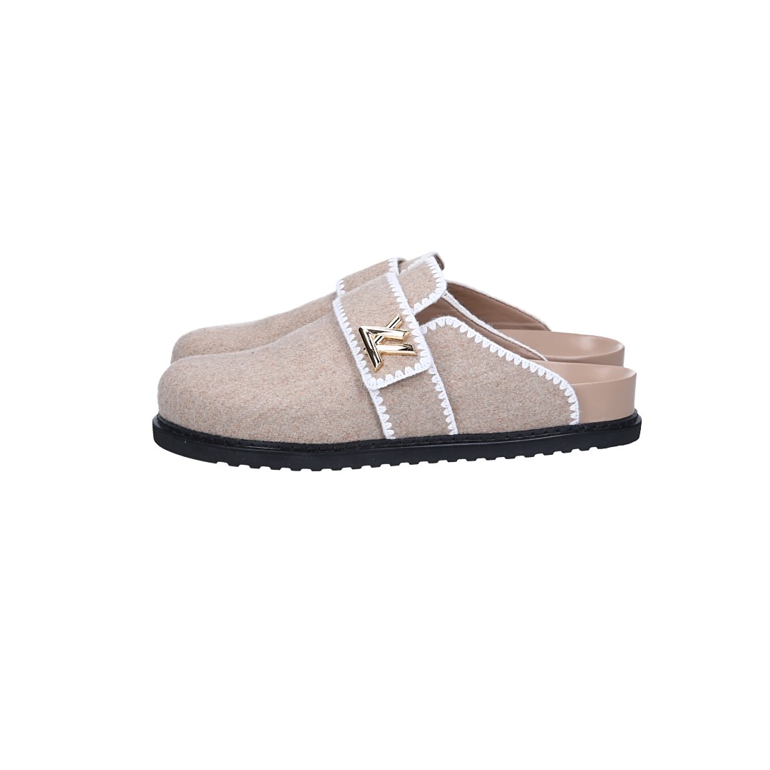 LOUIS VUITTON PANTOLETTEN SCHUHE 'LV COSY FLAT COMFORT CLOG' AUS WOLLE IN BEIGE GR. 42