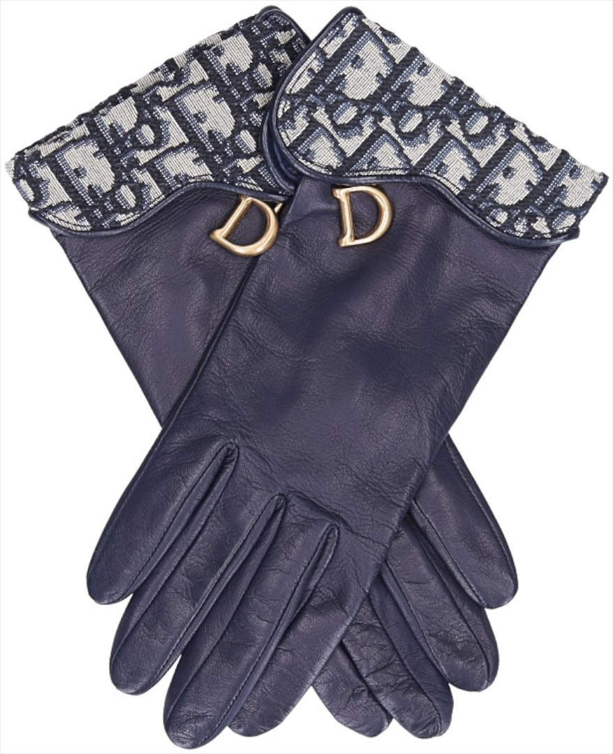 DIOR DAMEN-HANDSCHUHE AUS LAMMLEDER IN BLAU MIT GOLDFARBENEM METALL-ELEMENT IN GR. S