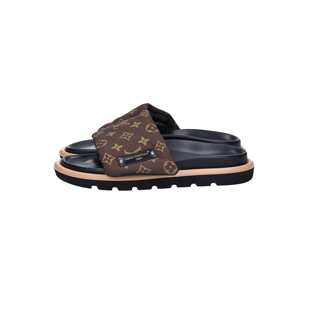 LOUIS VUITTON PANTOLETTEN SCHUHE 'POOL PILLOW COMFORT' AUS MONOGRAM NYLON IN CACAO GR. 41 (1AAEC0)