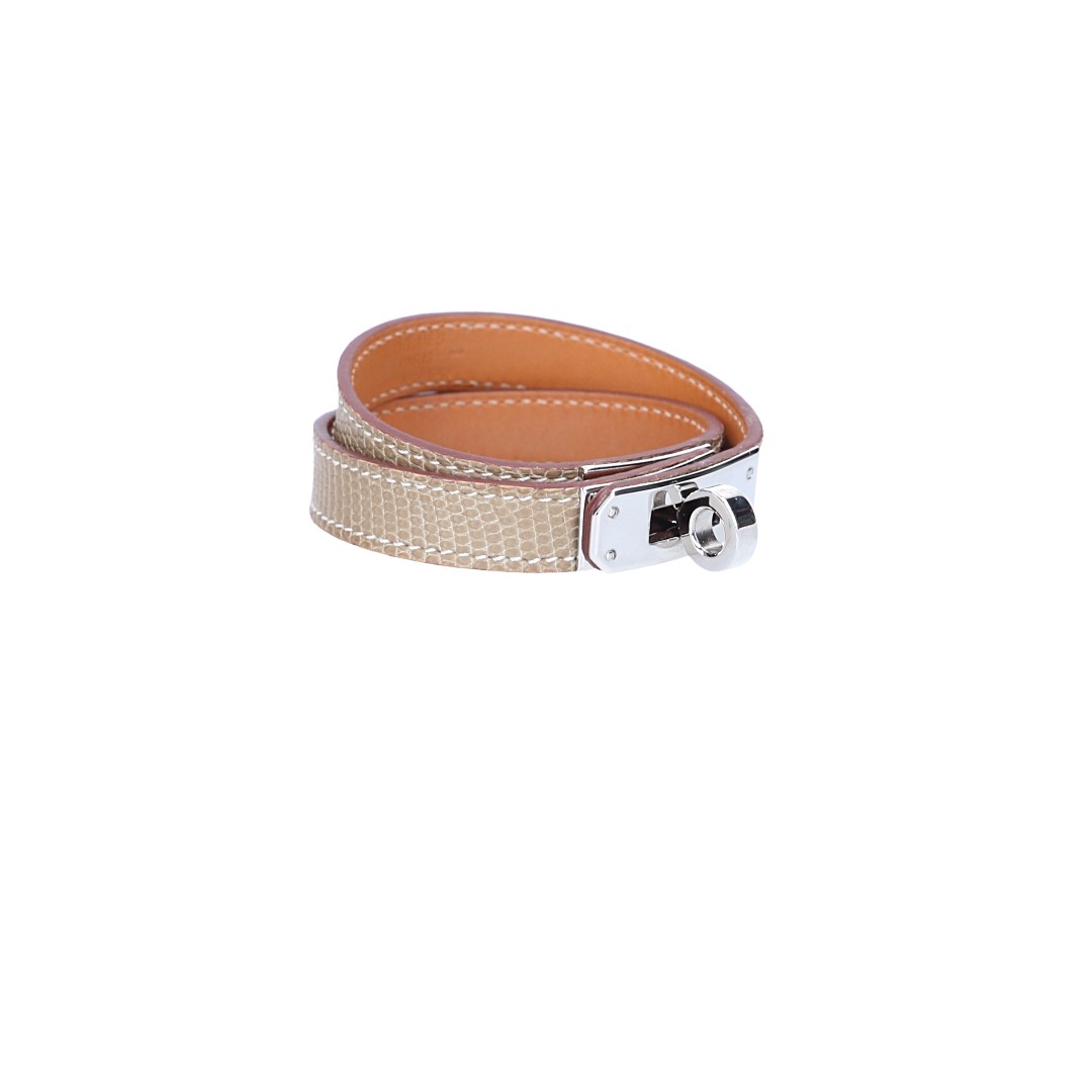 HERMÈS ARMBAND 'KELLY DOUBLE TOUR' AUS NILOTICUS LIZARD LEDER IN FICELLE MIT PHW GR. T3/M