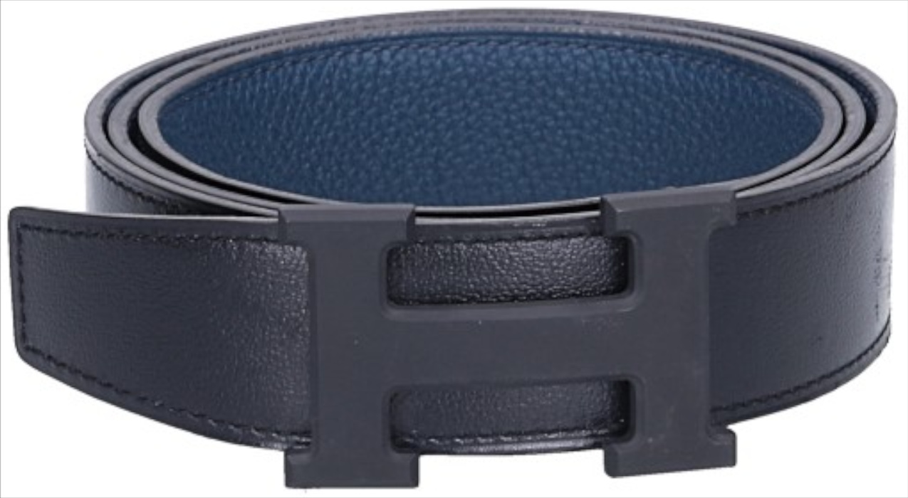 HERMÈS GÜRTELSCHLIEßE H NOIR & WENDBARER LEDERRIEMEN 32 MM AUS BOX-/TOGO KALBSLEDER IN NOIR /BLEU DE PRUSSE GRÖßE 95