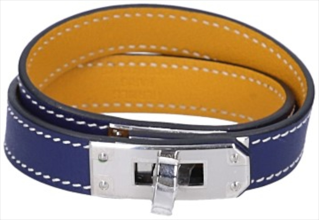 HERMÈS ARMBAND 'KELLY DOUBLE TOUR' AUS SWIFT-KALBSLEDER IN BLEU ENCRE/AMBRE MIT PHW GR. T3/M