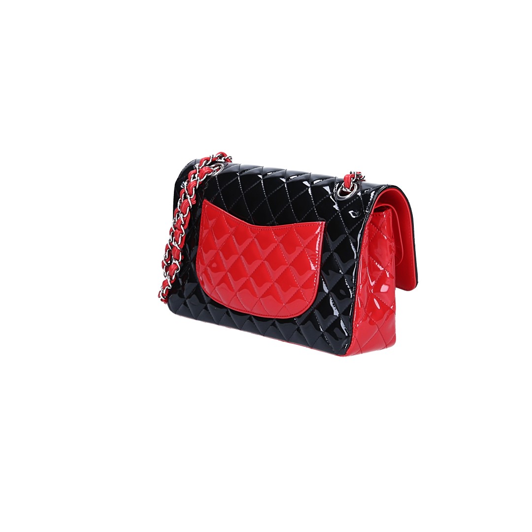 CHANEL TIMELESS DOUBLE FLAP HANDTASCHE (MEDIUM) AUS LACKLEDER IN SCHWARZ/ROT MIT SHW (A01112)