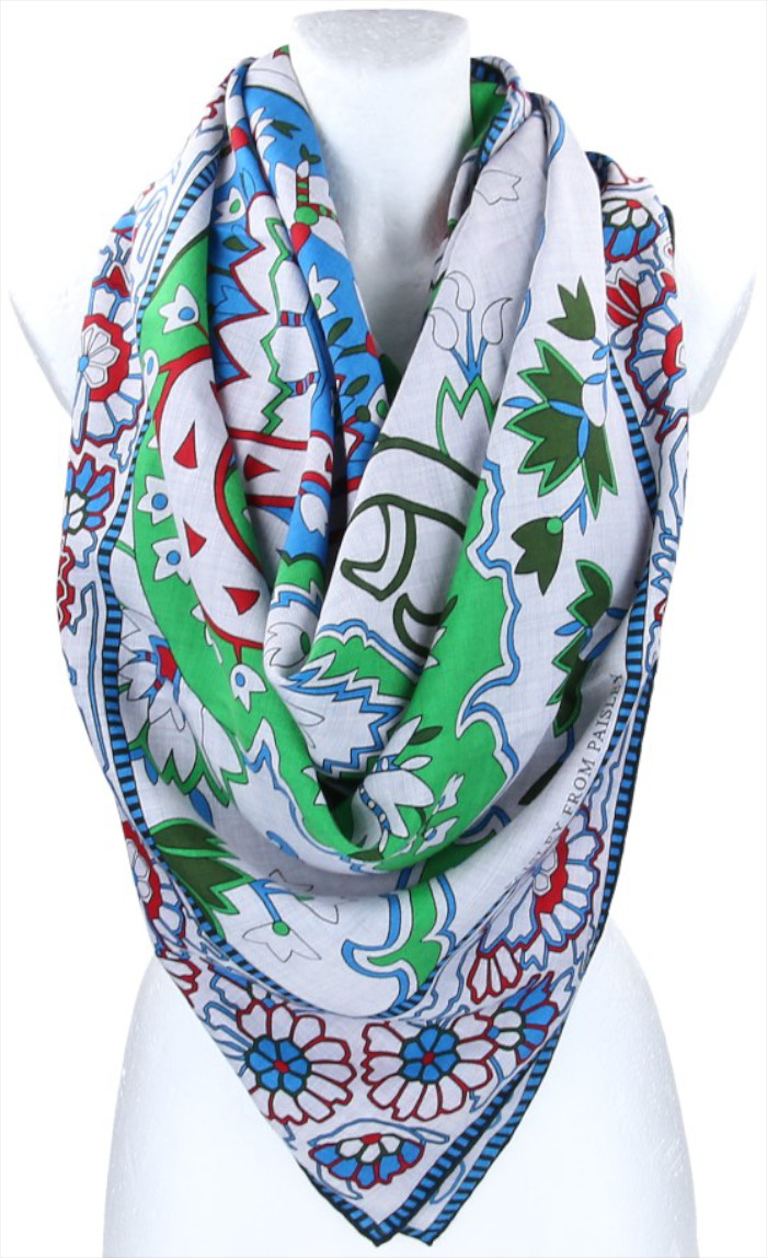 46250-Hermes-Tuch-VORNE_2D_0003 HERMÈS KASCHMIR-/SEIDENTUCH 140 x 140 CM CHALE 'PAISLEY FROM PAISLEY' IN GRIS CHINE, VERT UND ROUGE