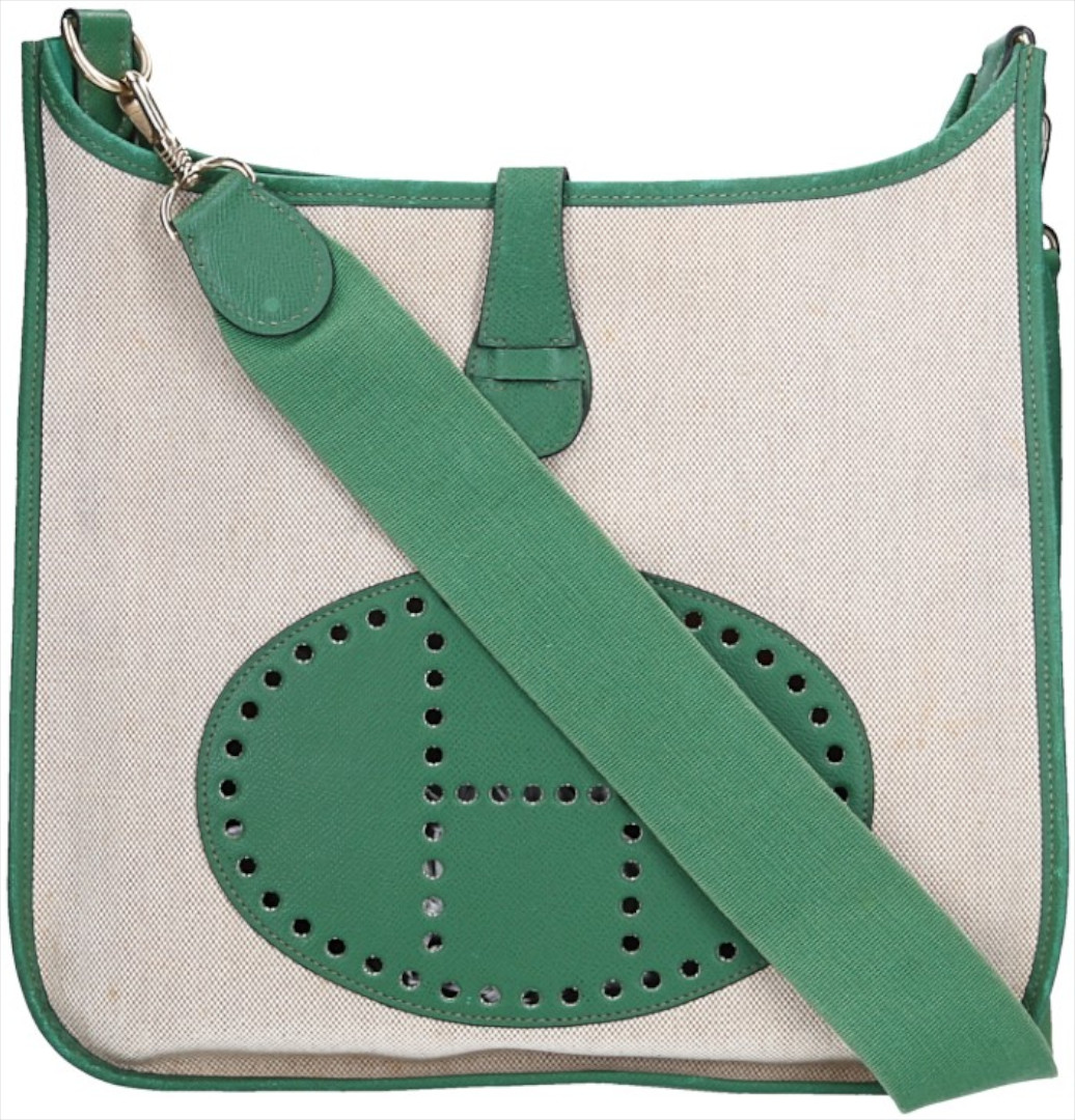 HERMÈS ÉVELYNE PM HANDTASCHE AUS TOILE H UND COURCHEVEL LEDER IN VERT MIT GHW