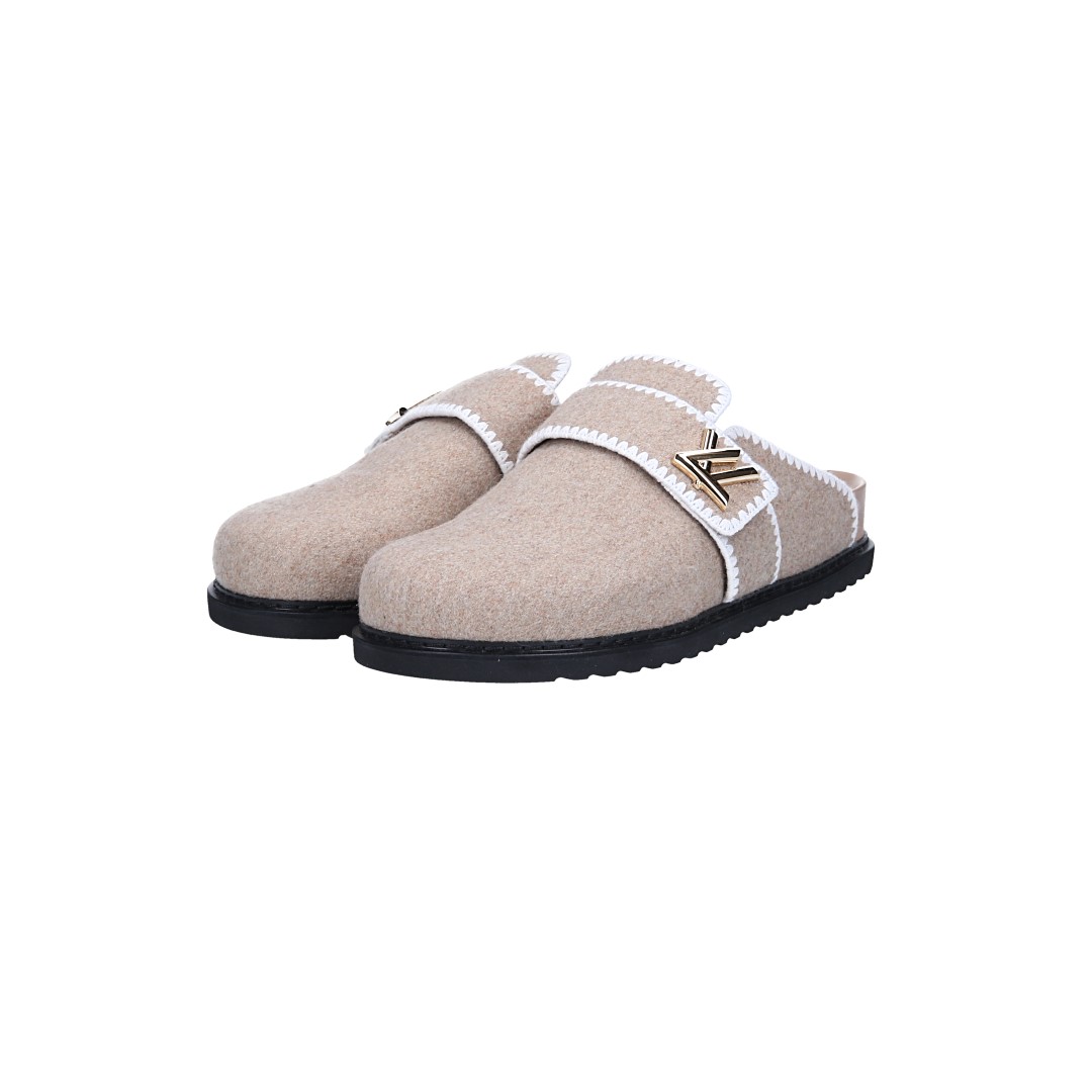 LOUIS VUITTON PANTOLETTEN SCHUHE 'LV COSY FLAT COMFORT CLOG' AUS WOLLE IN BEIGE GR. 42