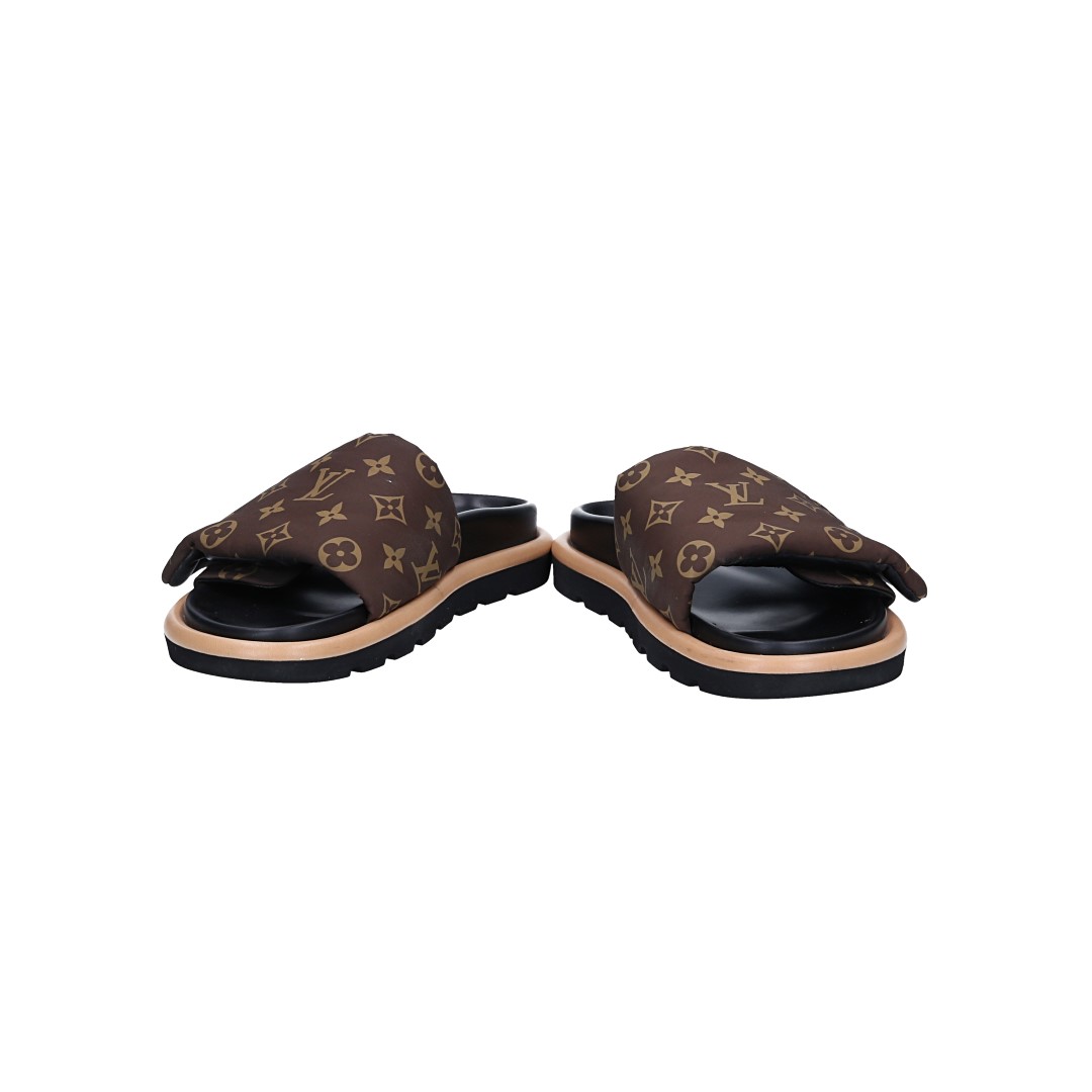 LOUIS VUITTON PANTOLETTEN SCHUHE 'POOL PILLOW COMFORT' AUS MONOGRAM NYLON IN CACAO GR. 41 (1AAEC0)