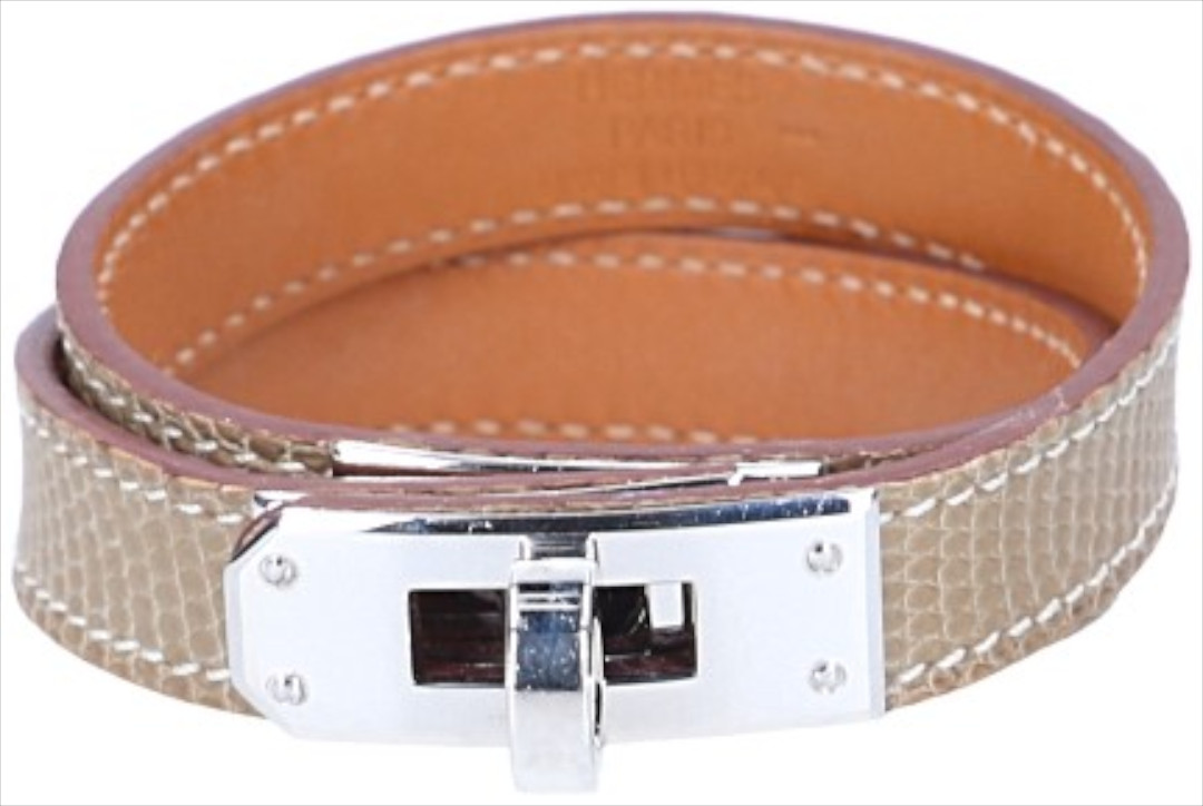 HERMÈS ARMBAND 'KELLY DOUBLE TOUR' AUS NILOTICUS LIZARD LEDER IN FICELLE MIT PHW GR. T3/M