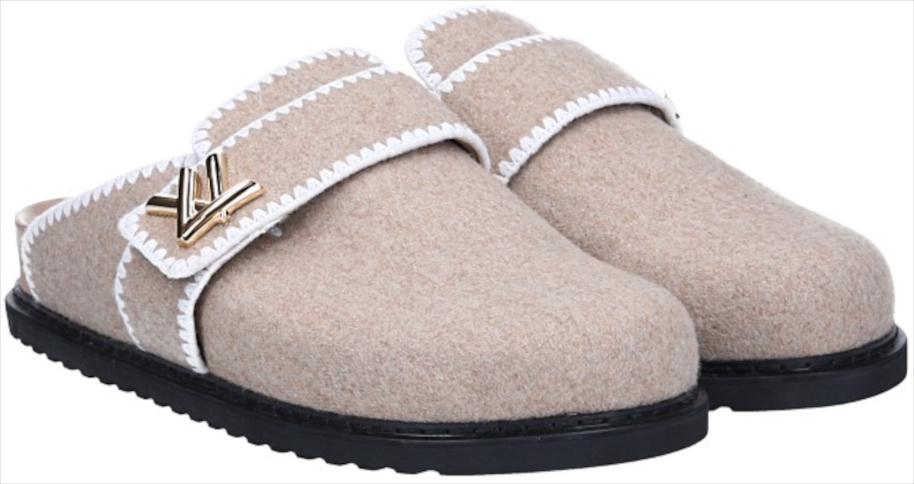 LOUIS VUITTON PANTOLETTEN SCHUHE 'LV COSY FLAT COMFORT CLOG' AUS WOLLE IN BEIGE GR. 42