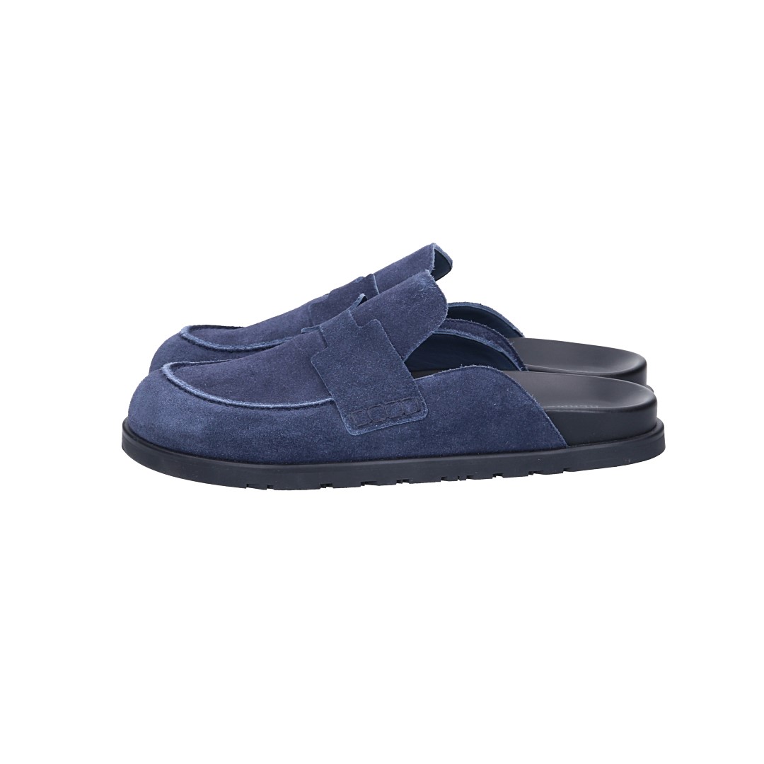 HERMÈS PANTOLETTEN SCHUHE 'GO' AUS VELOURSKALBSLEDER IN BLEU MARINE IN GR. 42,5
