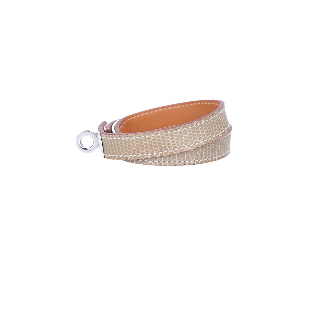 HERMÈS ARMBAND 'KELLY DOUBLE TOUR' AUS NILOTICUS LIZARD LEDER IN FICELLE MIT PHW GR. T3/M