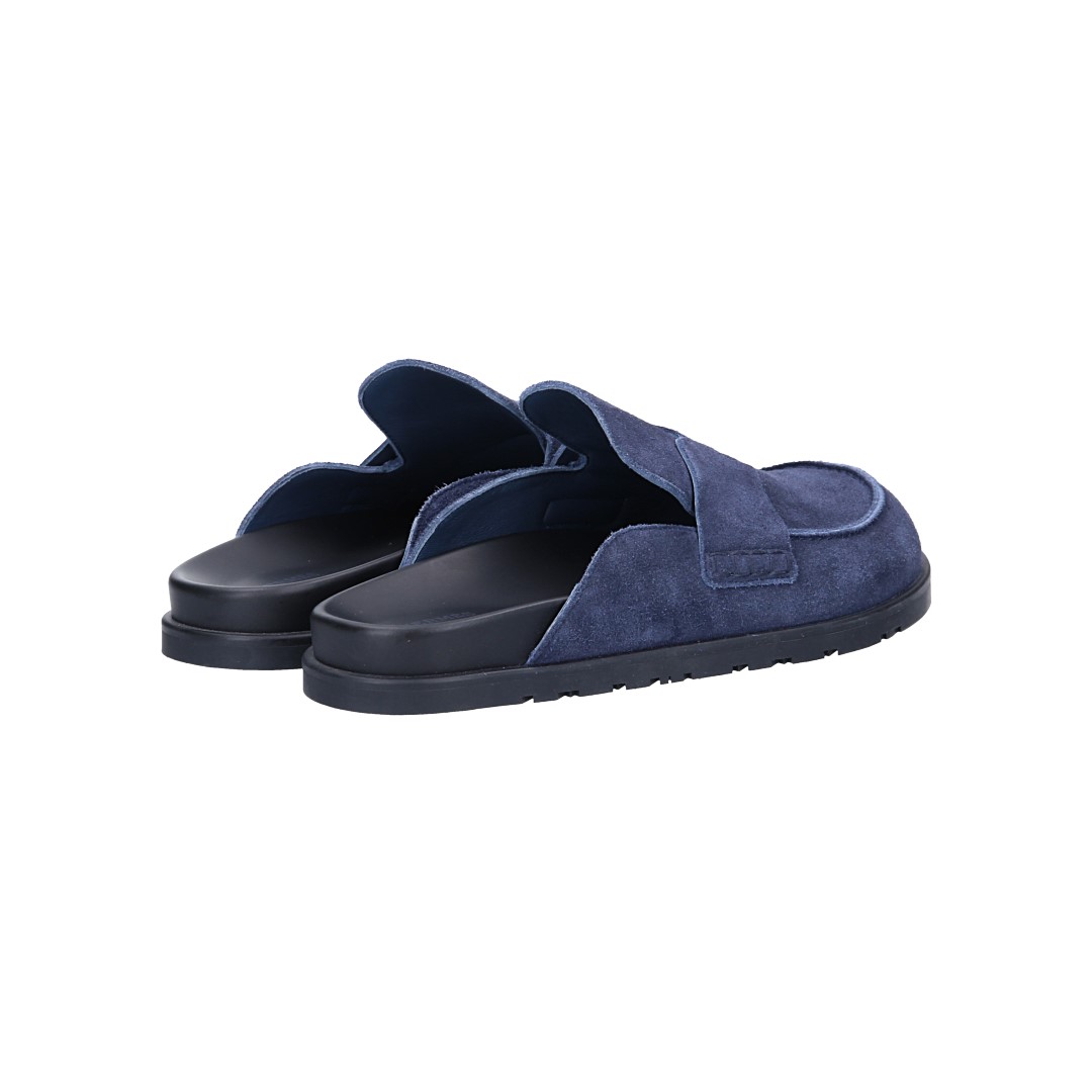 HERMÈS PANTOLETTEN SCHUHE 'GO' AUS VELOURSKALBSLEDER IN BLEU MARINE IN GR. 42,5
