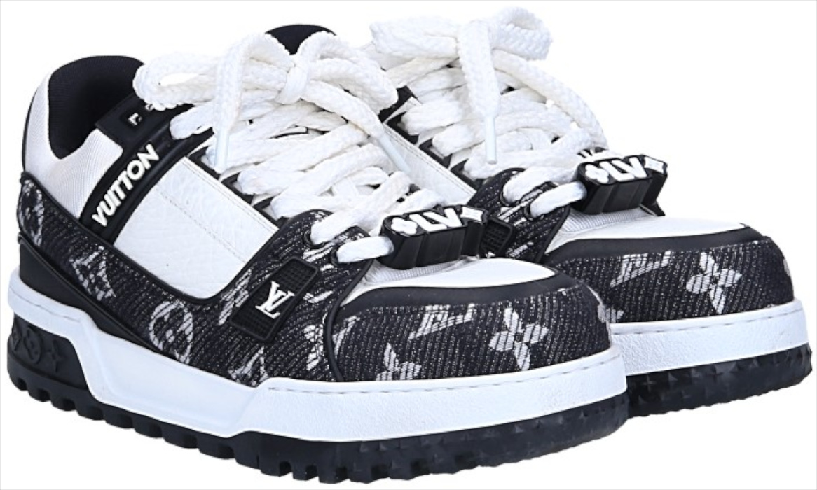 LOUIS VUITTON SNEAKER SCHUHE 'LV TRAINER MAXI' AUS KALBSLEDER UND MONOGRAM DENIM IN SCHWARZ GR. 40 (1AGZBP)