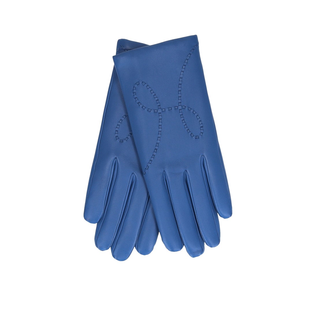 HERMÈS DAMEN-HANDSCHUHE 'LISBONNE' AUS GLACÉ-LAMMLEDER IN ACHATBLAU MIT GHW IN GR. 8