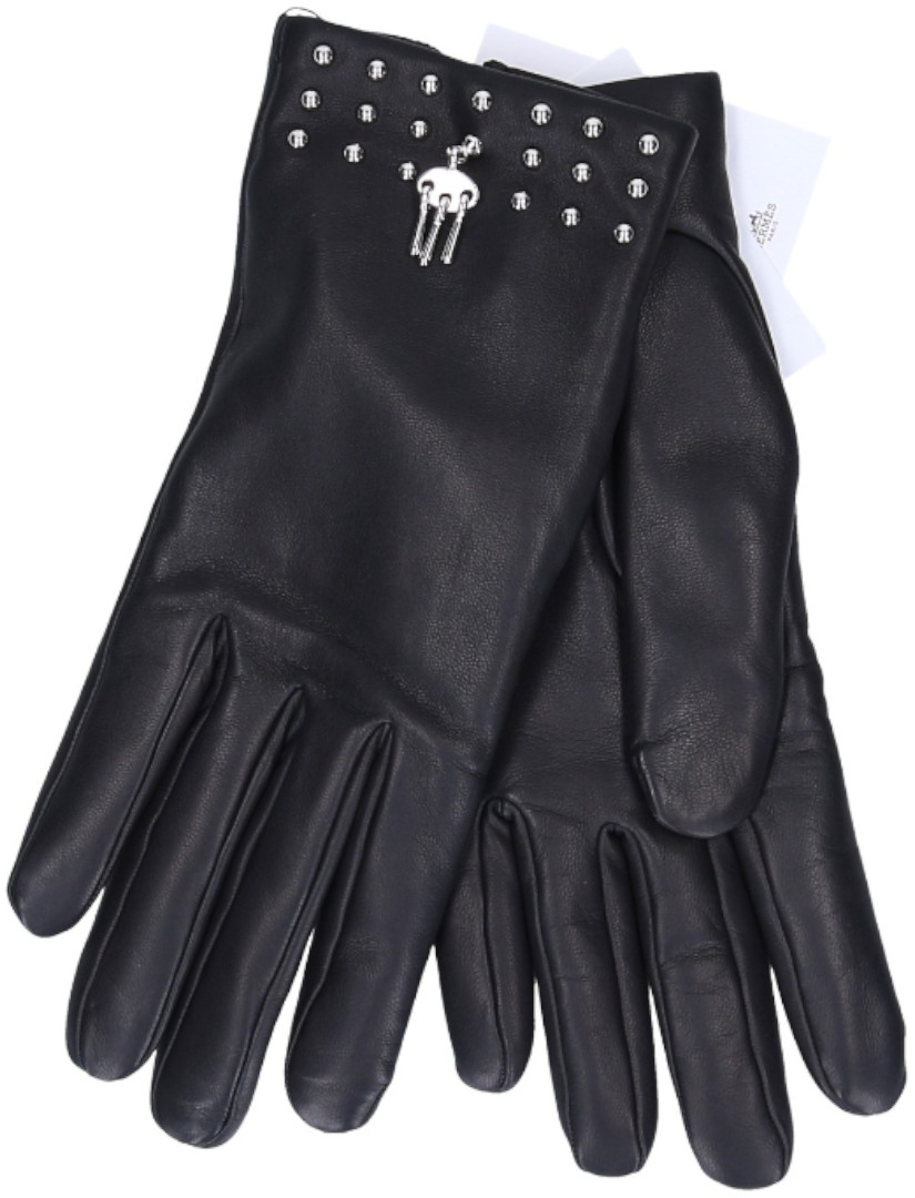 HERMÈS DAMEN-HANDSCHUHE AUS GLACÉ-LAMMLEDER IN NOIR MIT PHW IN GR. 7,5