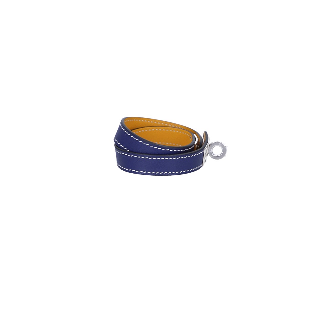 HERMÈS ARMBAND 'KELLY DOUBLE TOUR' AUS SWIFT-KALBSLEDER IN BLEU ENCRE/AMBRE MIT PHW GR. T3/M