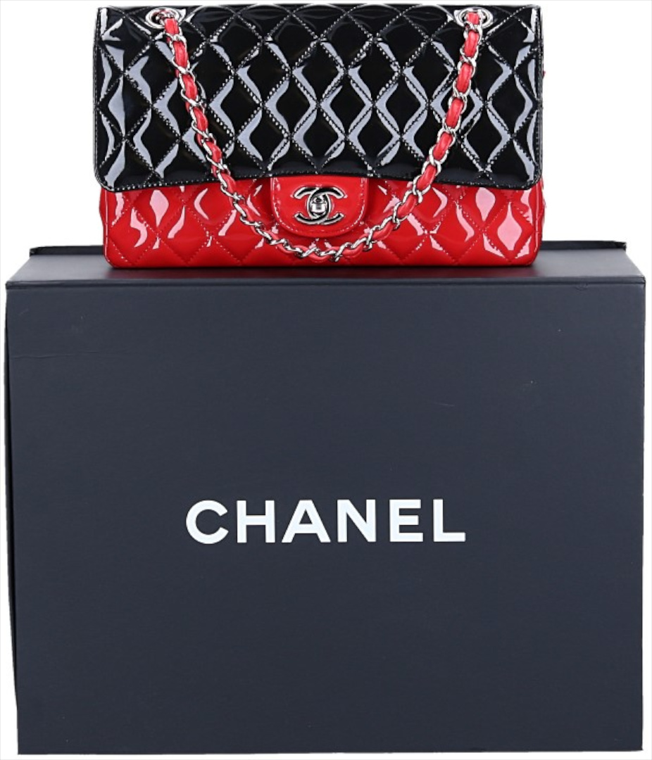 CHANEL TIMELESS DOUBLE FLAP HANDTASCHE (MEDIUM) AUS LACKLEDER IN SCHWARZ/ROT MIT SHW (A01112)
