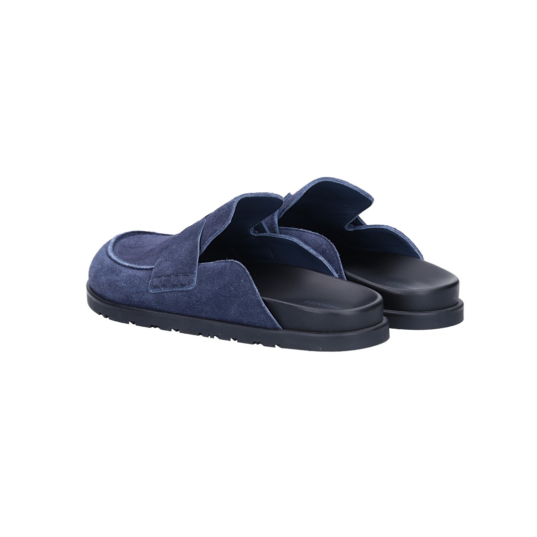 HERMÈS PANTOLETTEN SCHUHE 'GO' AUS VELOURSKALBSLEDER IN BLEU MARINE IN GR. 42,5