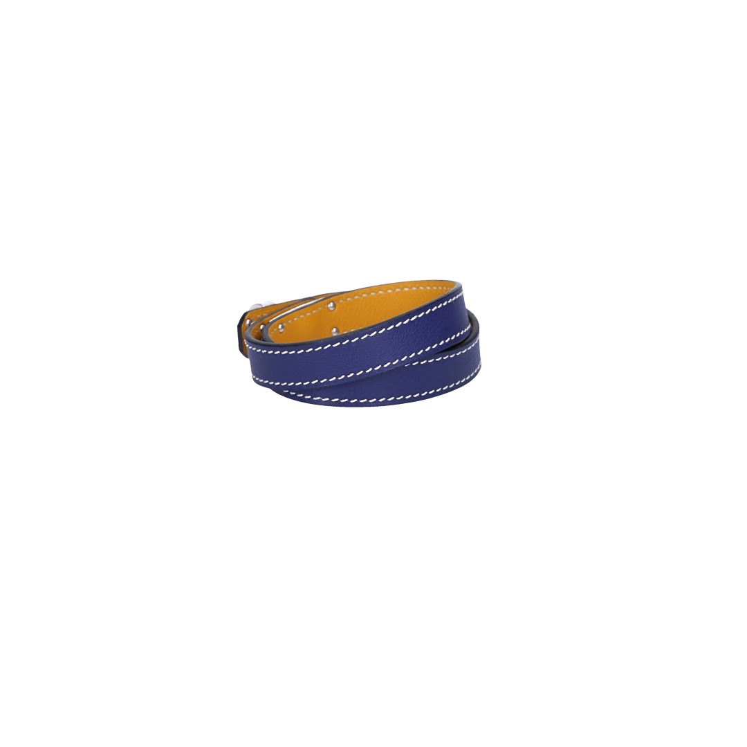 HERMÈS ARMBAND 'KELLY DOUBLE TOUR' AUS SWIFT-KALBSLEDER IN BLEU ENCRE/AMBRE MIT PHW GR. T3/M