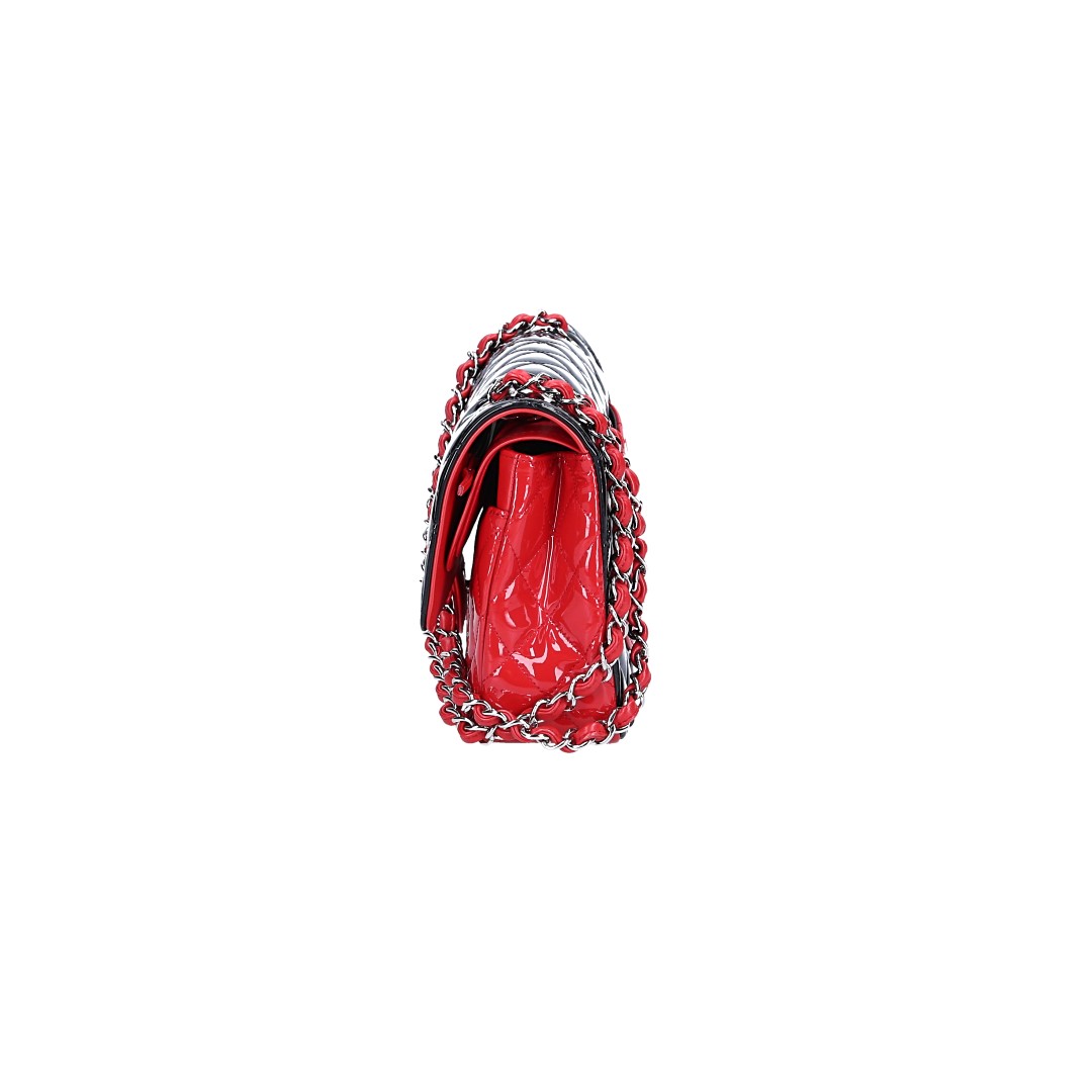 CHANEL TIMELESS DOUBLE FLAP HANDTASCHE (MEDIUM) AUS LACKLEDER IN SCHWARZ/ROT MIT SHW (A01112)