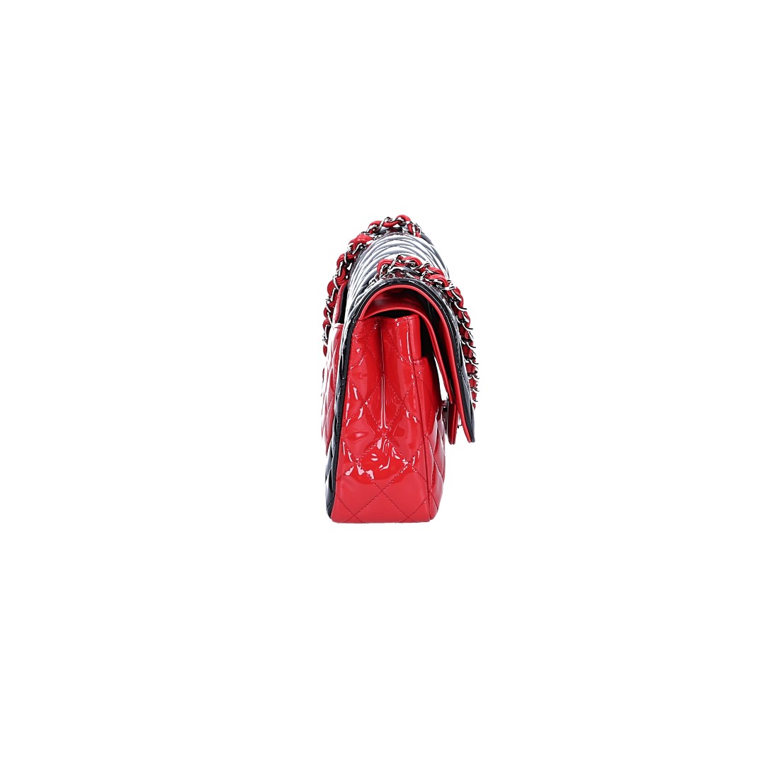 CHANEL TIMELESS DOUBLE FLAP HANDTASCHE (MEDIUM) AUS LACKLEDER IN SCHWARZ/ROT MIT SHW (A01112)