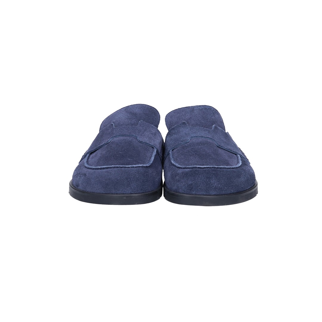 HERMÈS PANTOLETTEN SCHUHE 'GO' AUS VELOURSKALBSLEDER IN BLEU MARINE IN GR. 42,5