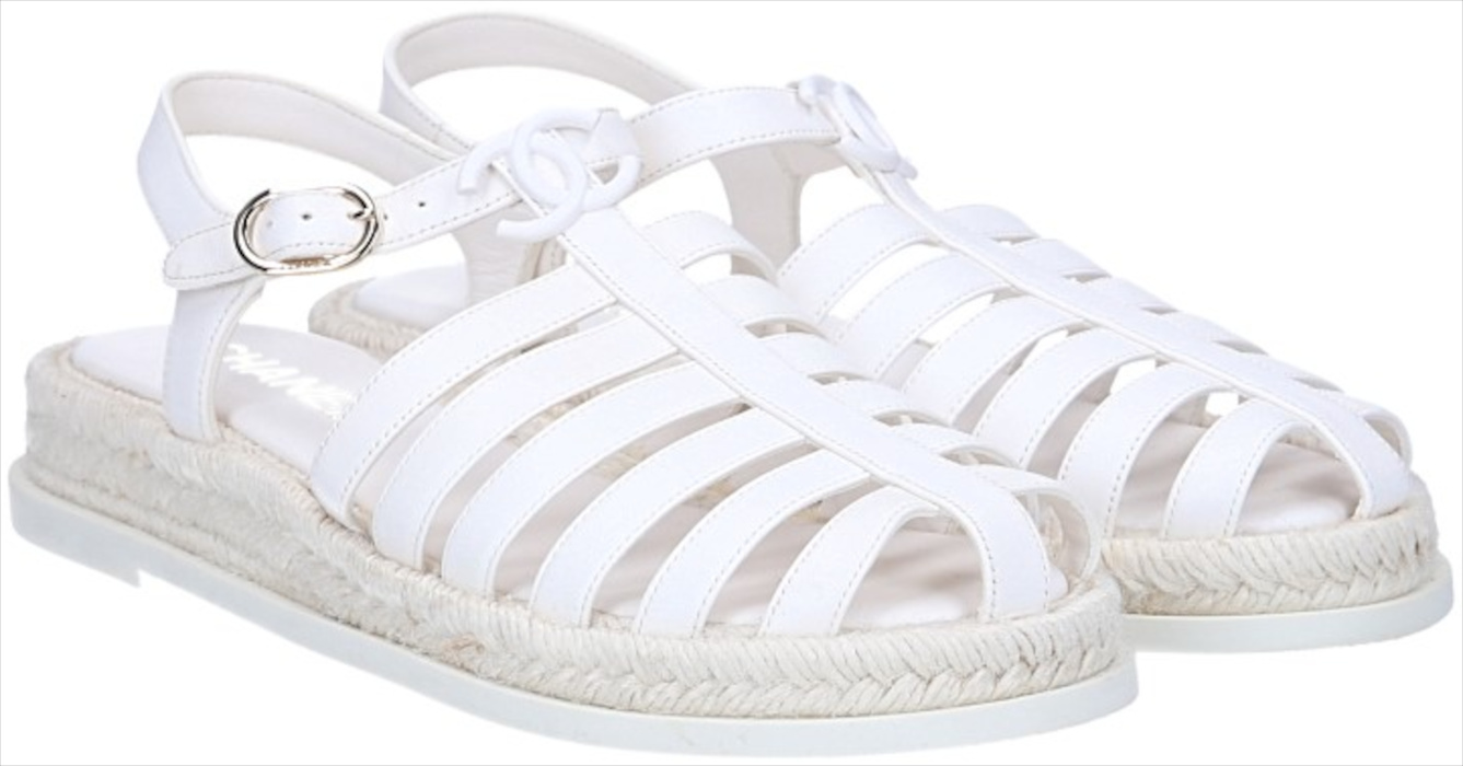 CHANEL SANDALE AUS LEDER UND BAST IN WEISS MIT GHW GR. 39 (B G45425)