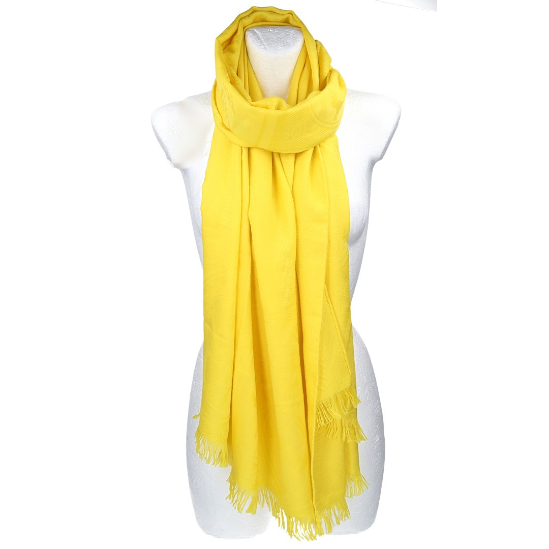 HERMÈS SCARF CASHMERE / SILK STOLE 'NEW LIBRIS' 75 x 213 CM IN VIVID YELLOW