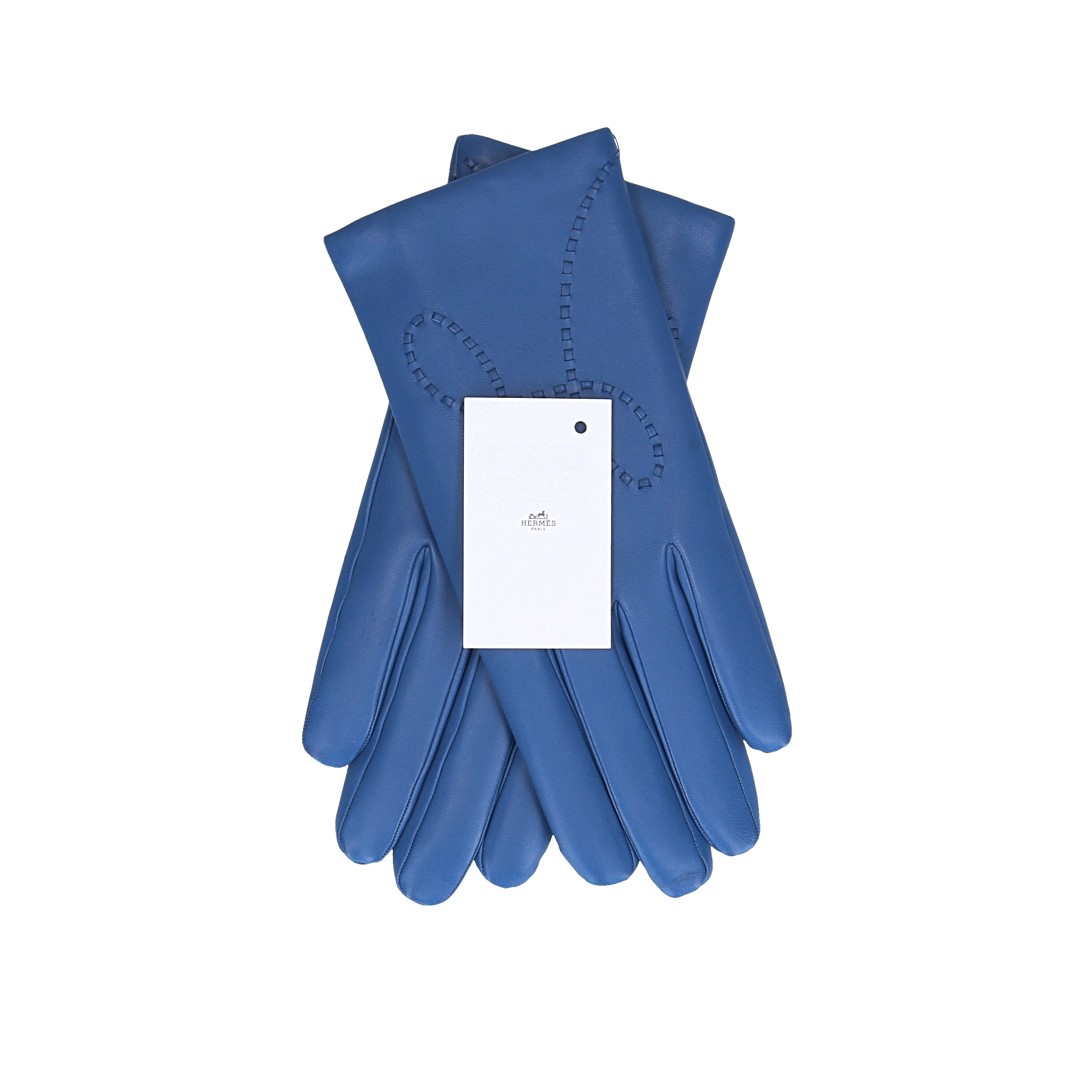 HERMÈS DAMEN-HANDSCHUHE 'LISBONNE' AUS GLACÉ-LAMMLEDER IN ACHATBLAU MIT GHW IN GR. 8