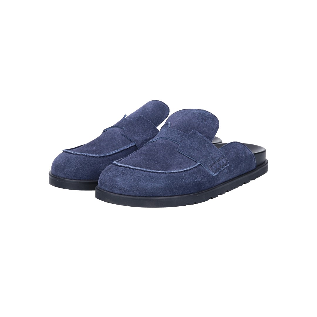 HERMÈS PANTOLETTEN SCHUHE 'GO' AUS VELOURSKALBSLEDER IN BLEU MARINE IN GR. 42,5