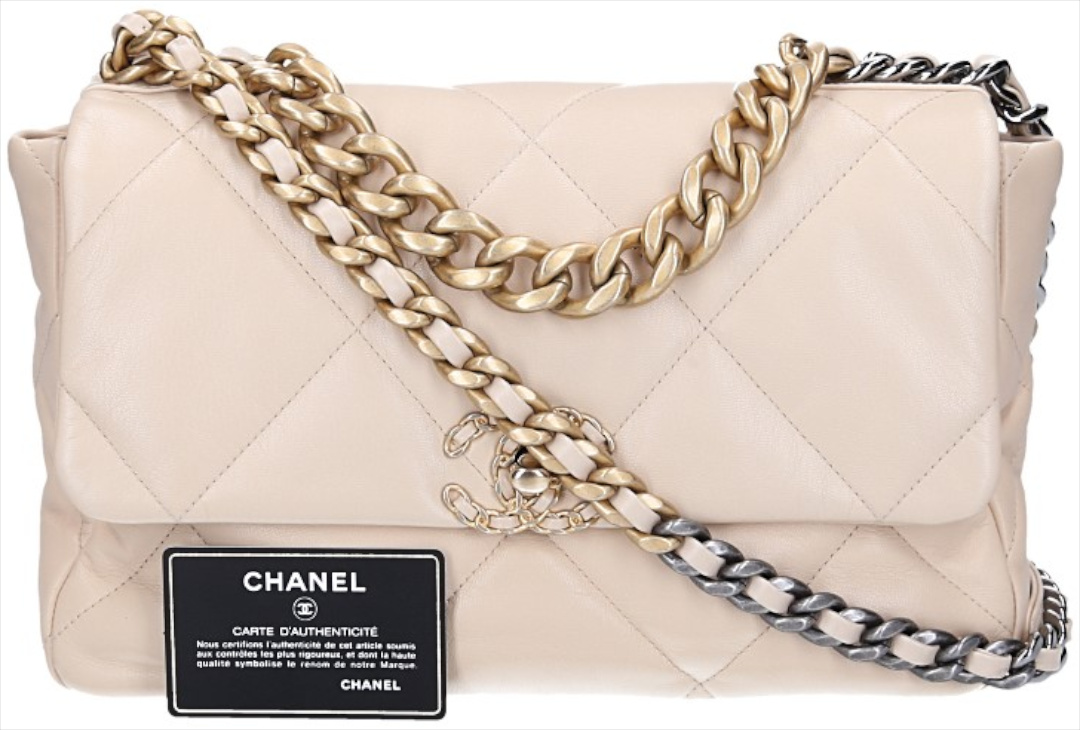CHANEL 19 GROßE PATTENTASCHE HANDTASCHE AUS LAMMLEDER IN BEIGE (AS1161)