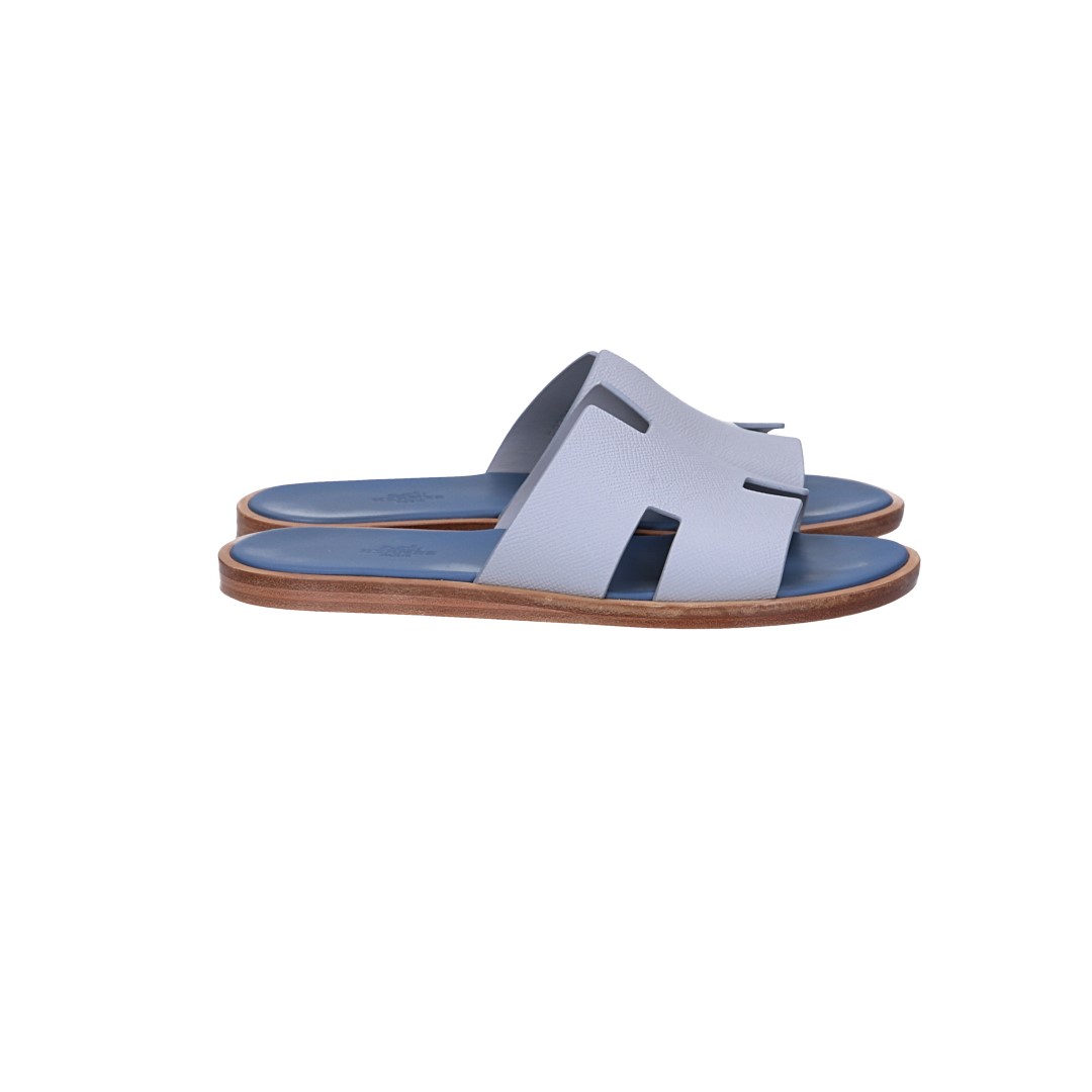 HERMÈS SANDALE 'IZMIR' AUS KALBSLEDER IN GRIS SILEX/BLEU TURQUIN IN GR. 40
