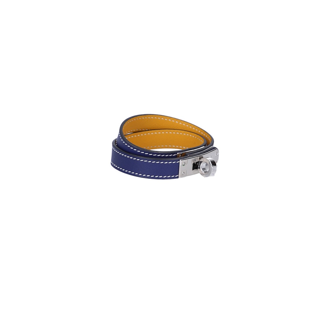 HERMÈS ARMBAND 'KELLY DOUBLE TOUR' AUS SWIFT-KALBSLEDER IN BLEU ENCRE/AMBRE MIT PHW GR. T3/M