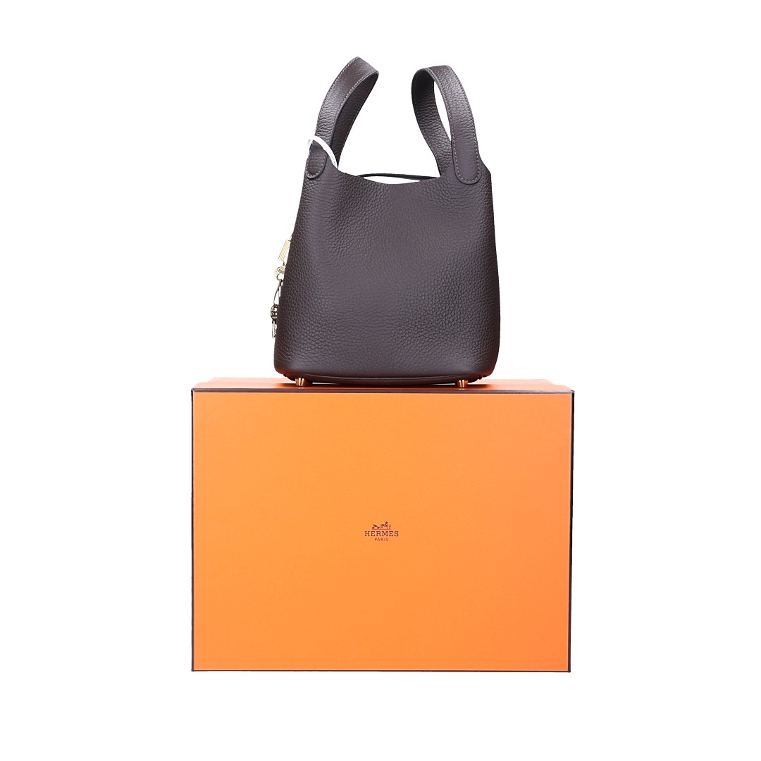 HERMÈS PICOTIN LOCK 18 HANDTASCHE AUS TAURILLON CLEMENCE LEDER IN EBÉNÈ MIT GHW