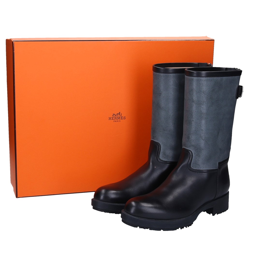 HERMÈS STIEFEL 'JEEP' AUS VEAU & VEAU ETRIVIERE IN NOIR & ANTHRACITE GR. 39,5