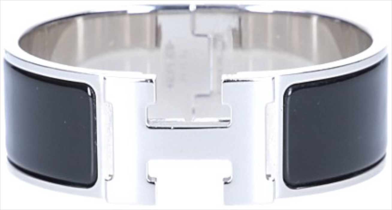 HERMÈS ARMREIF BREIT 'CLIC CLAC H' AUS METALL UND EMAIL IN NOIR MIT PHW GR. PM