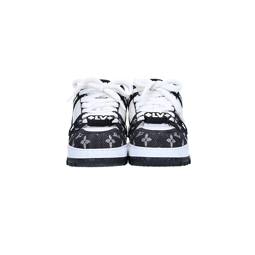 LOUIS VUITTON SNEAKER SCHUHE 'LV TRAINER MAXI' AUS KALBSLEDER UND MONOGRAM DENIM IN SCHWARZ GR. 40 (1AGZBP)
