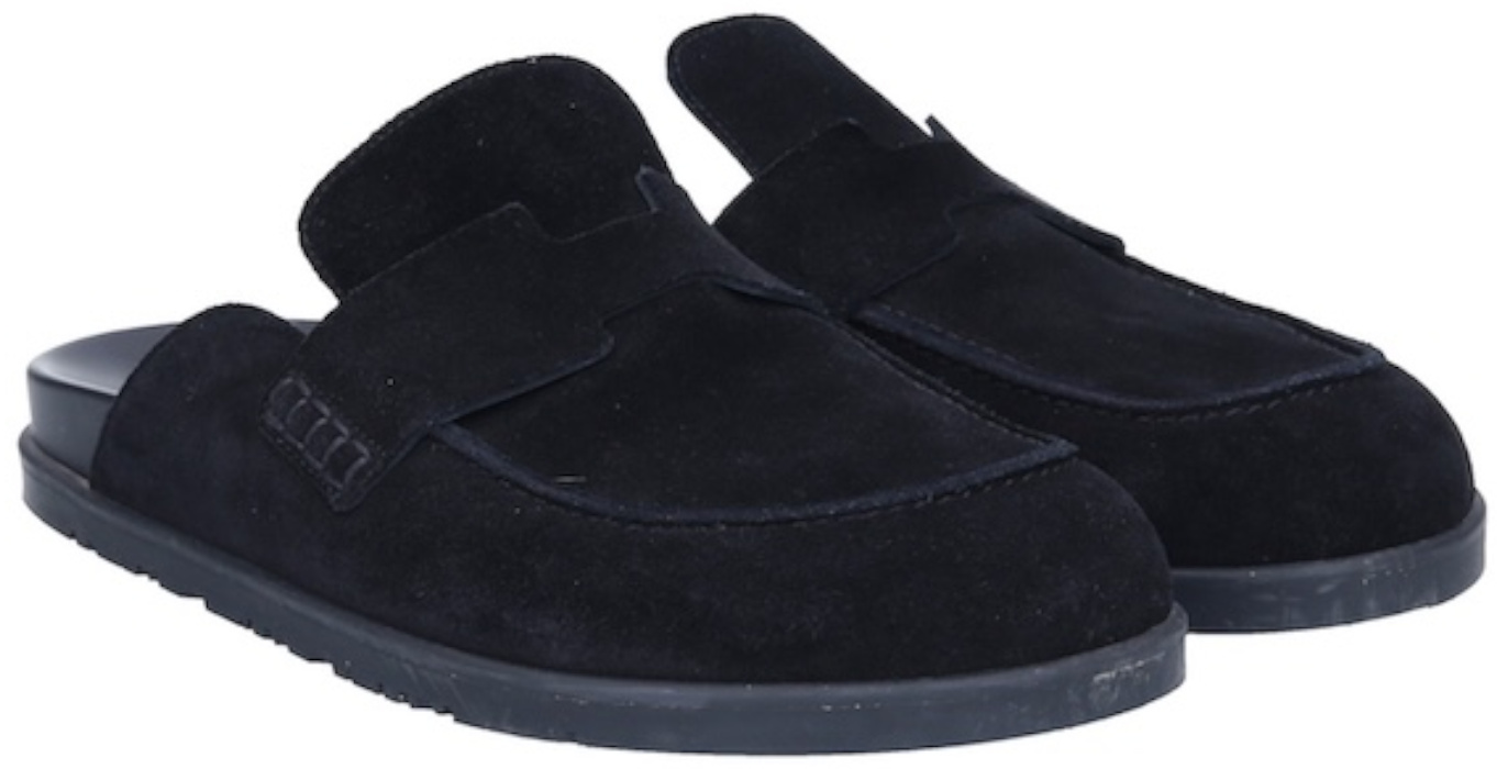 HERMÈS PANTOLETTEN SCHUHE 'GO' AUS VELOURSKALBSLEDER IN NOIR IN GR. 41