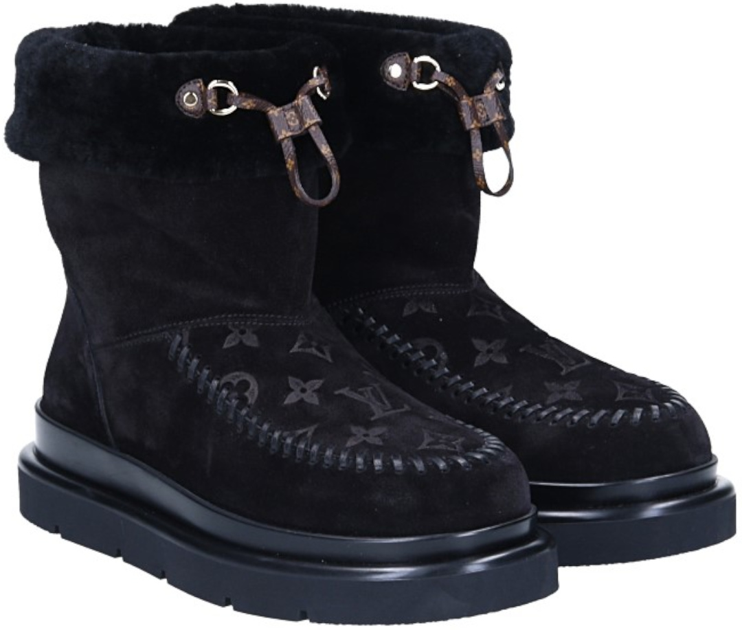 LOUIS VUITTON STIEFEL 'CORTINA ANKLE BOOT' AUS LAMMFELL UND VELOURS-KALBSLEDER IN SCHWARZ GR. 38,5