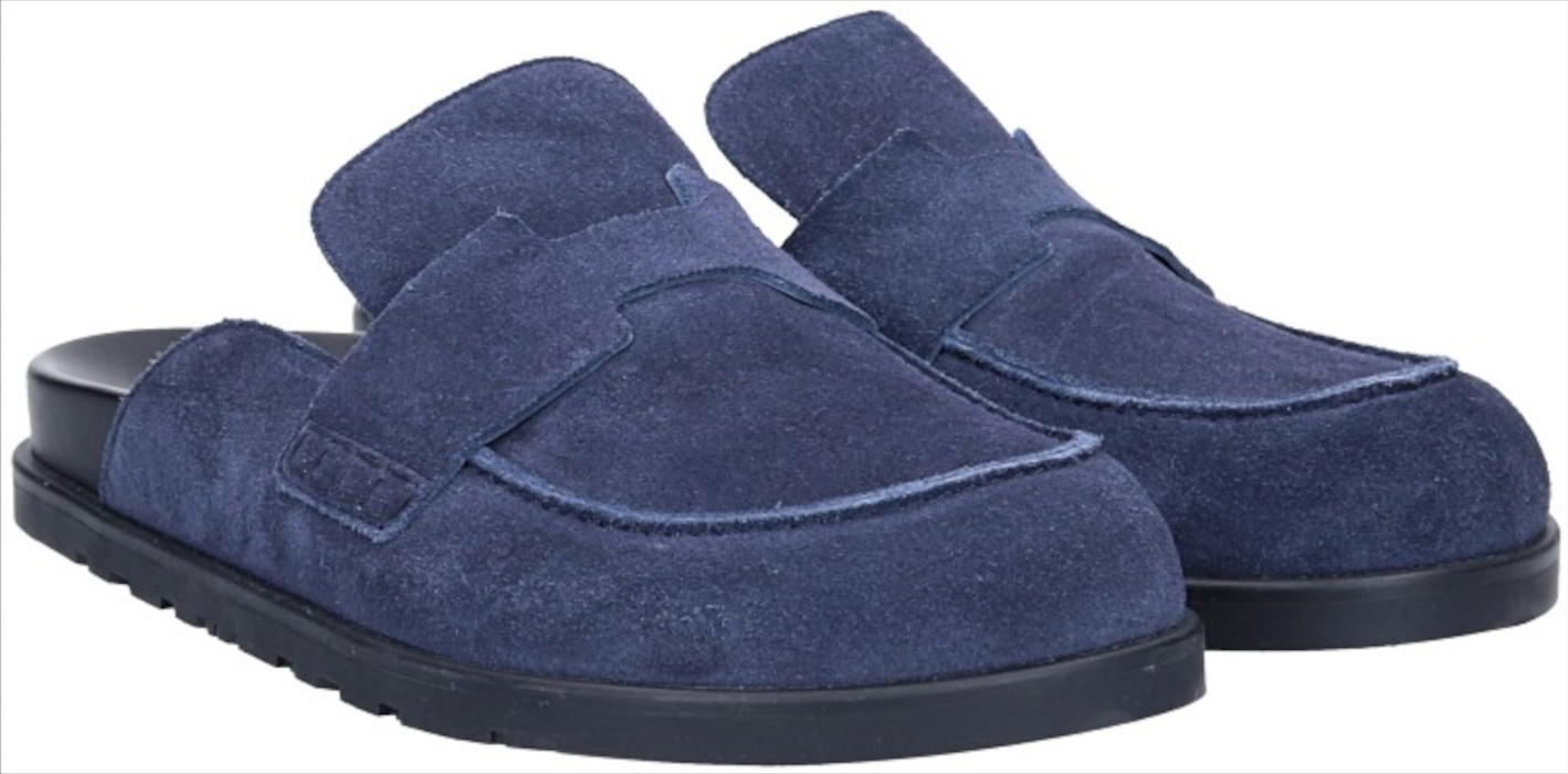 HERMÈS PANTOLETTEN SCHUHE 'GO' AUS VELOURSKALBSLEDER IN BLEU MARINE IN GR. 42,5