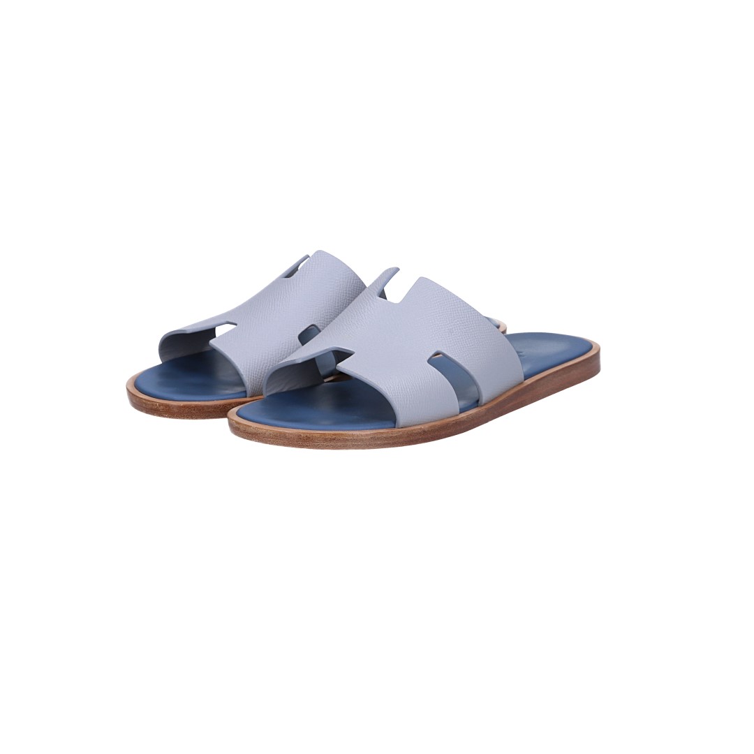 HERMÈS SANDALE 'IZMIR' AUS KALBSLEDER IN GRIS SILEX/BLEU TURQUIN IN GR. 40