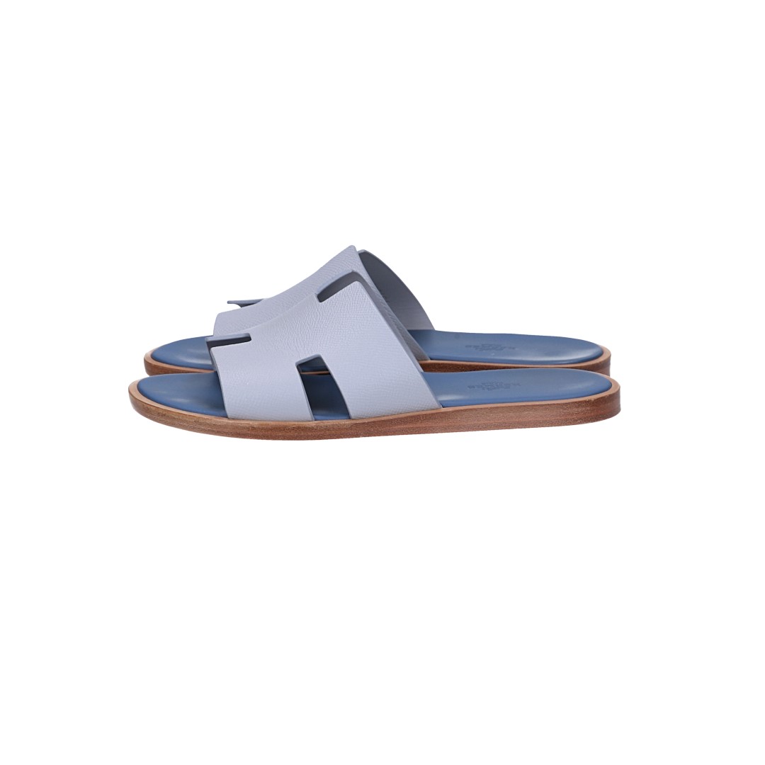 HERMÈS SANDALE 'IZMIR' AUS KALBSLEDER IN GRIS SILEX/BLEU TURQUIN IN GR. 40