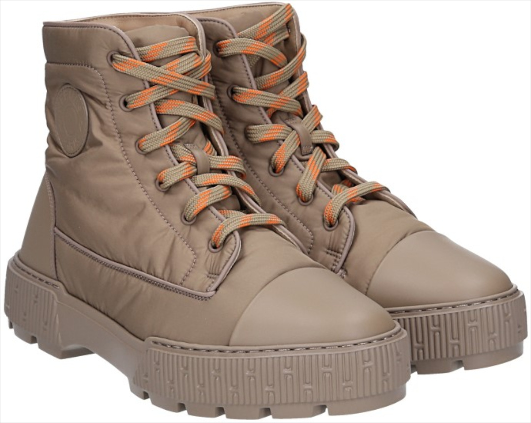 HERMÈS STIEFELETTEN 'FRESH' AUS FALLSCHIRMSEIDE UND KALBSLEDER MIT GUMMISOHLE IN BEIGE SABLE GR. 42