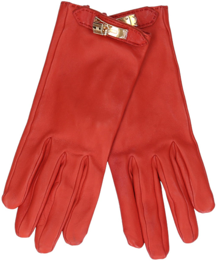 HERMÈS DAMEN-HANDSCHUHE 'SOYA' AUS GLACÉ-LAMMLEDER IN ORANGE MIT GHW IN GR. 7