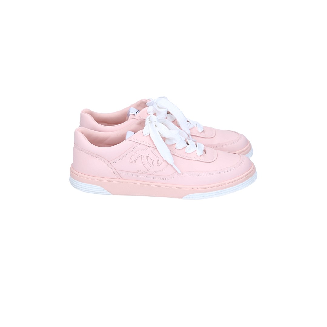 CHANEL SNEAKER SCHUHE AUS SUEDE LEDER IN ROSA UND WEISS GR. 38 (L G39978)