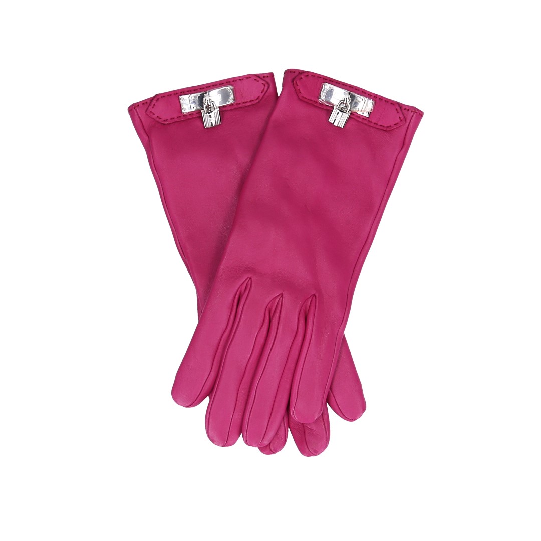 HERMÈS DAMEN-HANDSCHUHE 'SOYA' AUS GLACÉ-LAMMLEDER IN ROSE POUPRE MIT PHW IN GR. 7